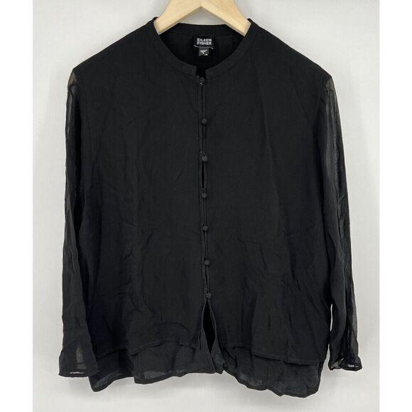Eileen Fisher System Blouse Black Silk Button Sheer Long Sleeve Size Large - Picture 1 of 5